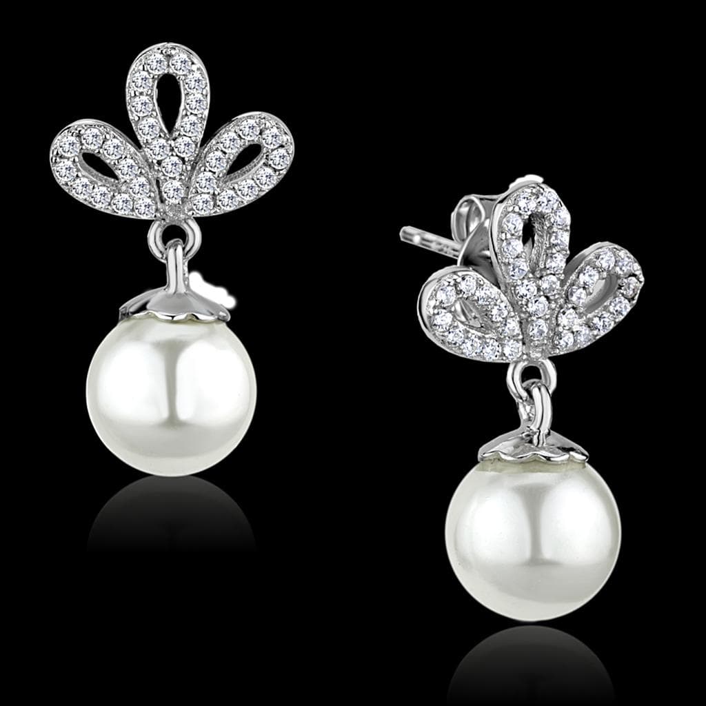 Sterling Silver CZ Pave Bow Pearl Drop Stud Earrings TS299