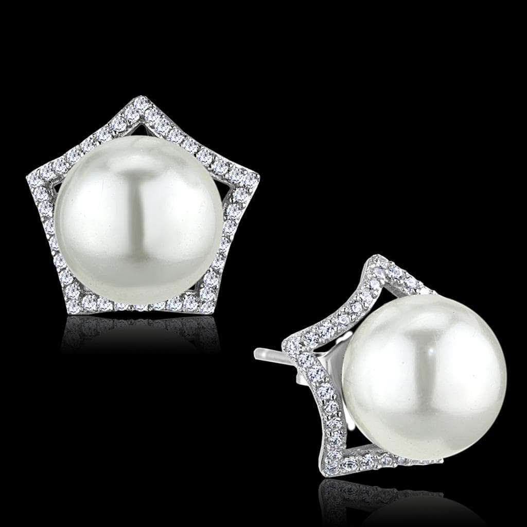 Sterling Silver CZ Pave Star Crown Pearl Stud Earrings