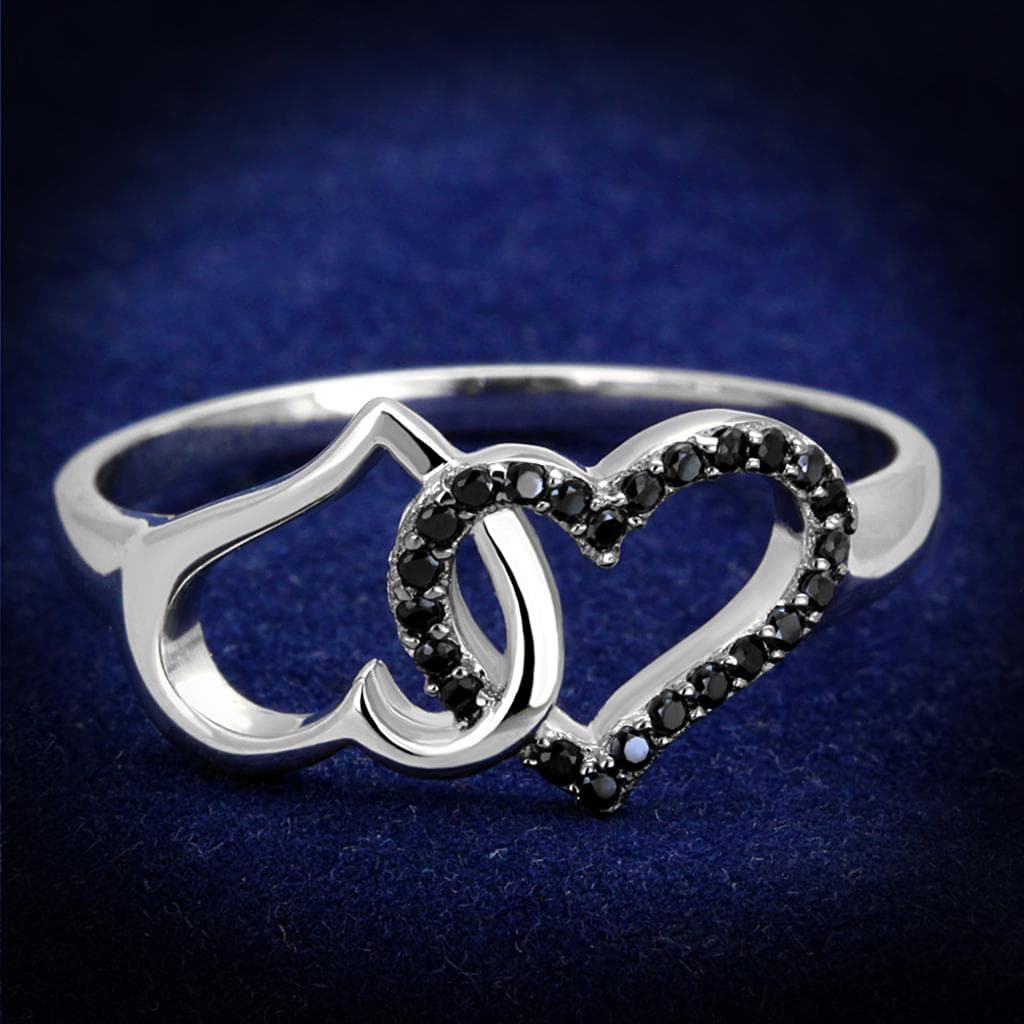 Sterling Silver Black CZ Double Heart Open Ring