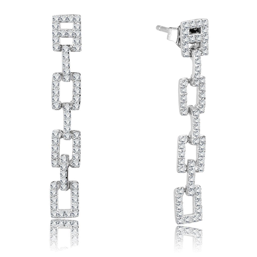Sterling Silver CZ Pave Rectangle Chain Link Long Drop Earrings