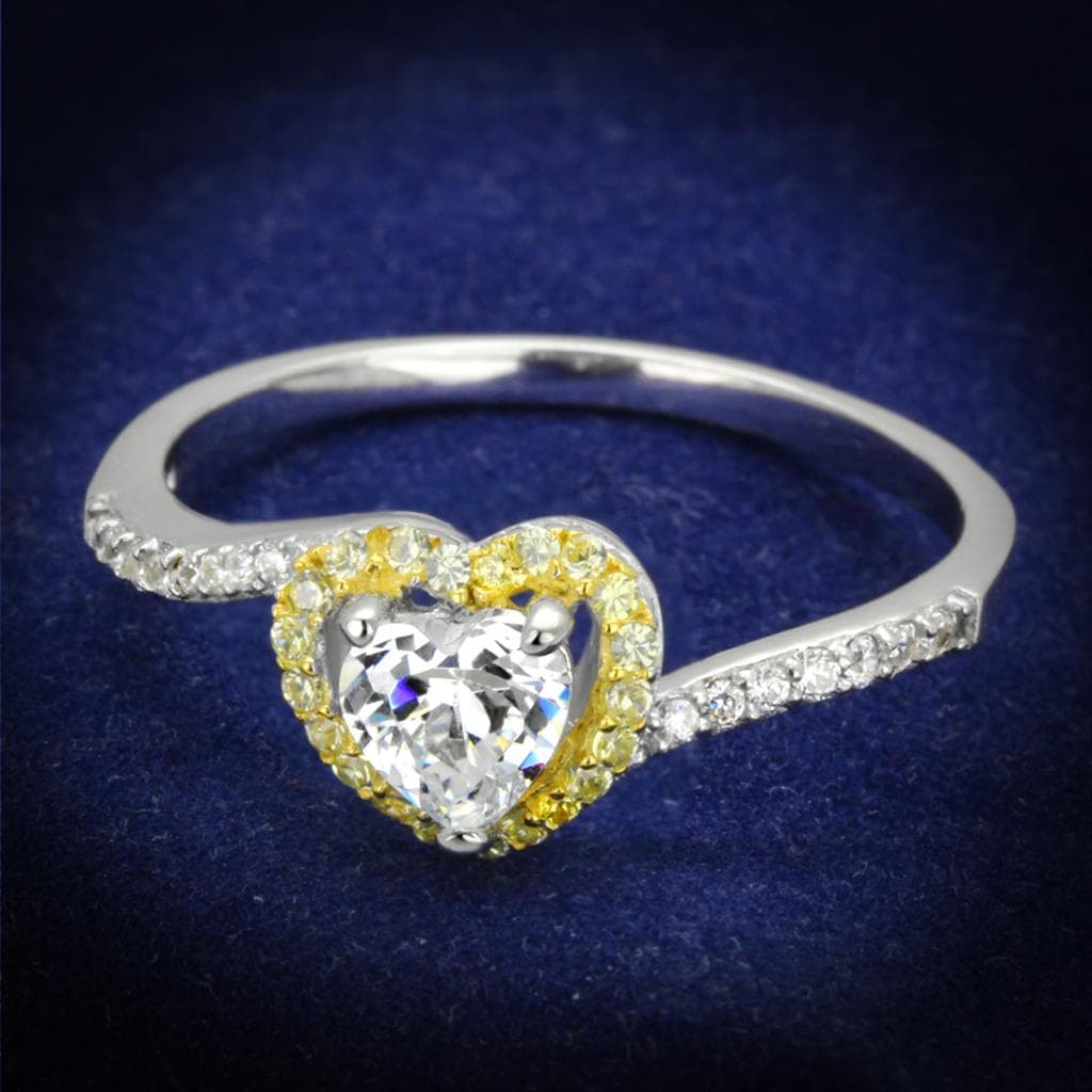 Sterling Silver Gold Two Tone CZ Heart Halo Pave Ring