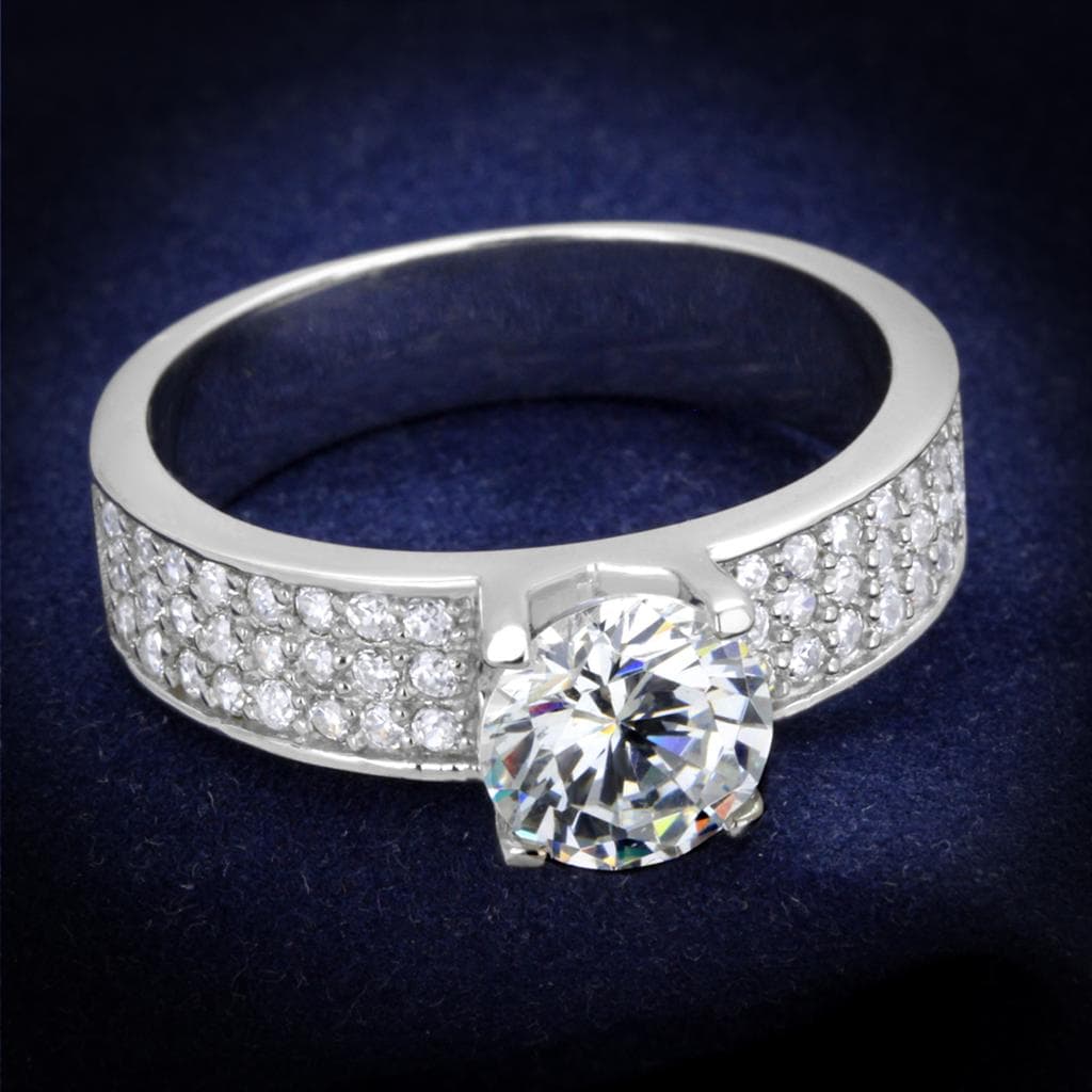 Sterling Silver CZ Round Solitaire Four Prong Pave Ring