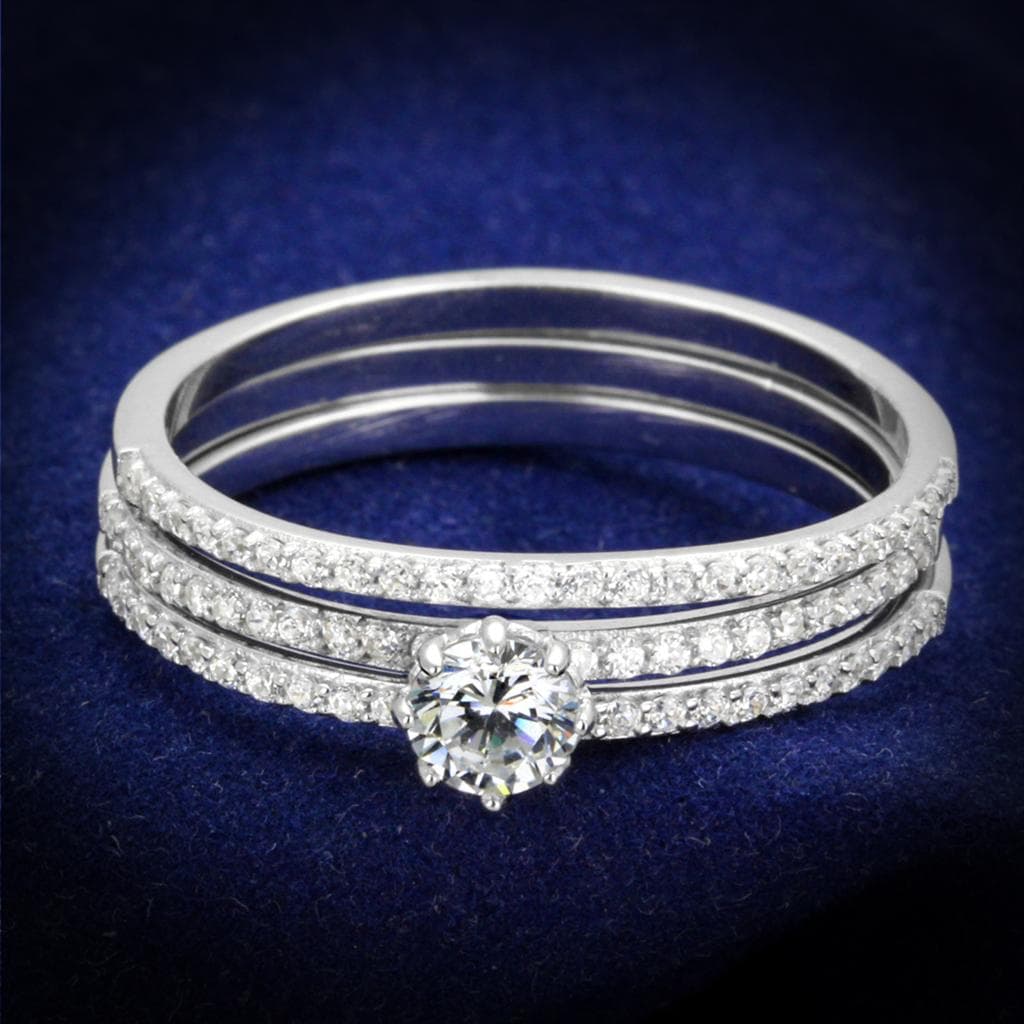 Sterling Silver CZ Round Solitaire Pave Double Band Bridal Ring