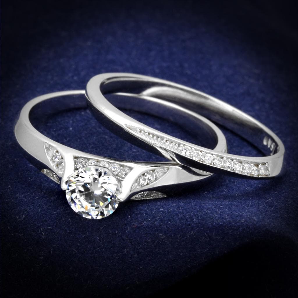 Sterling Silver CZ Round Six Prong Split Shank Bridal Set Ring