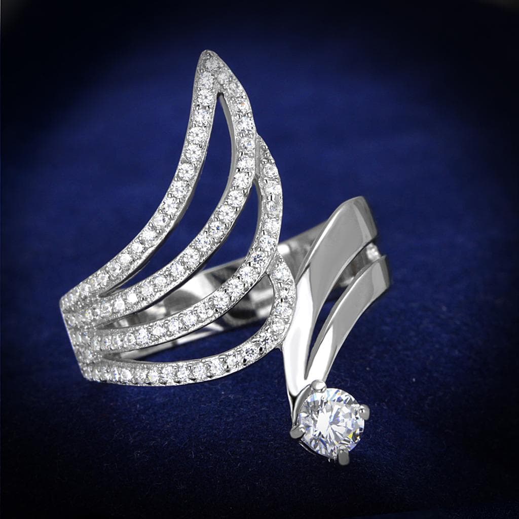 Sterling Silver CZ Pave Triple Wave Wing Open Ring