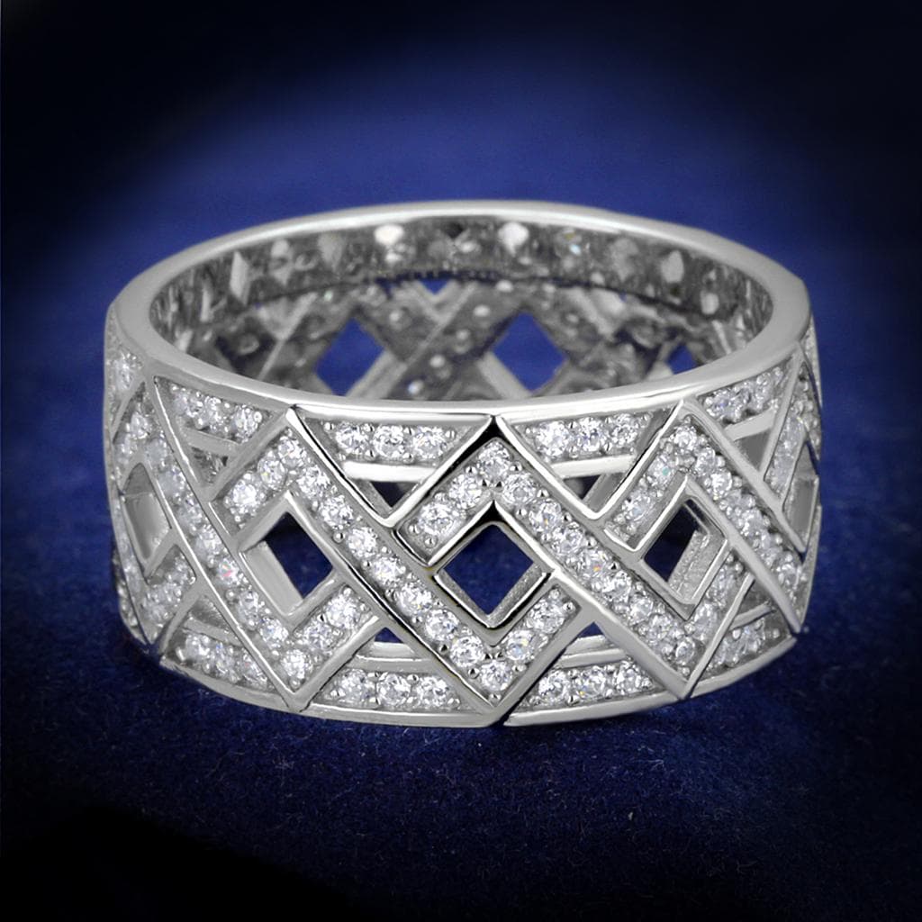 Sterling Silver CZ Pave Diamond Lattice X Wide Ring