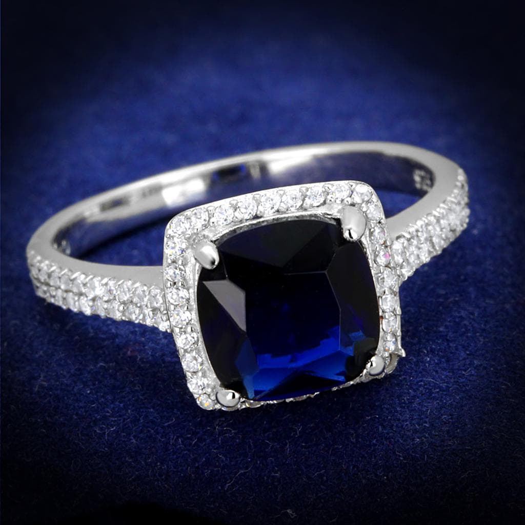 Sterling Silver Blue Sapphire Cushion Large Halo Pave Ring