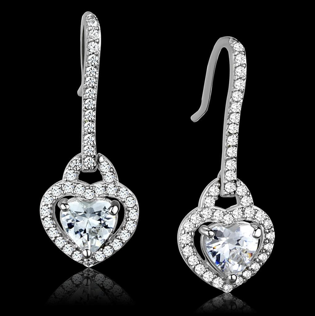 Sterling Silver CZ Heart Halo Leverback Hook Drop Earrings