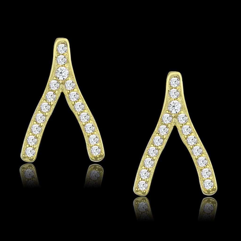 Sterling Silver Gold Two Tone CZ Wishbone V Stud Earrings