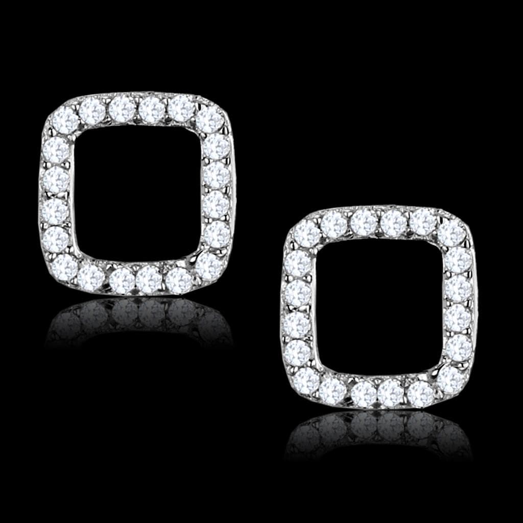 Sterling Silver CZ Pave Open Square Cushion Stud Earrings