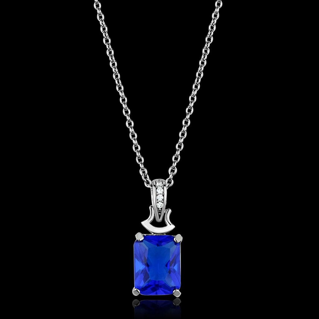Sterling Silver Blue Sapphire Emerald Cut Pave Bail Pendant