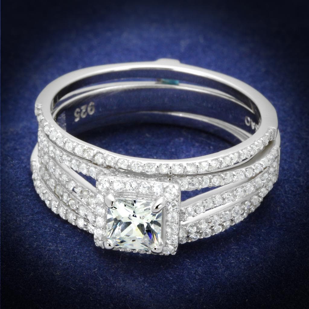 Sterling Silver CZ Princess Halo Channel Double Row Pave Ring