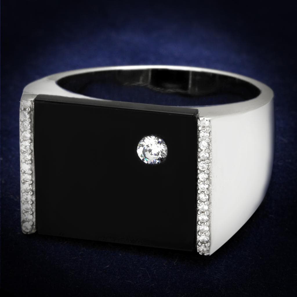Sterling Silver Black Onyx CZ Round Solitaire Flat Signet Ring