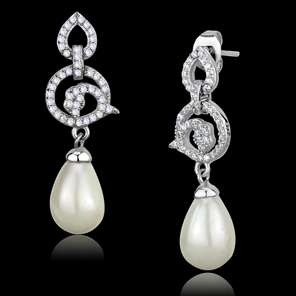Sterling Silver CZ Treble Clef Music Pearl Drop Earrings