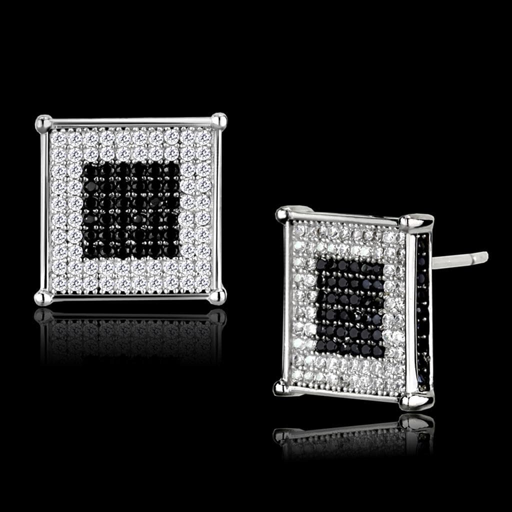 Sterling Silver Black White CZ Pave Square Large Stud Earrings