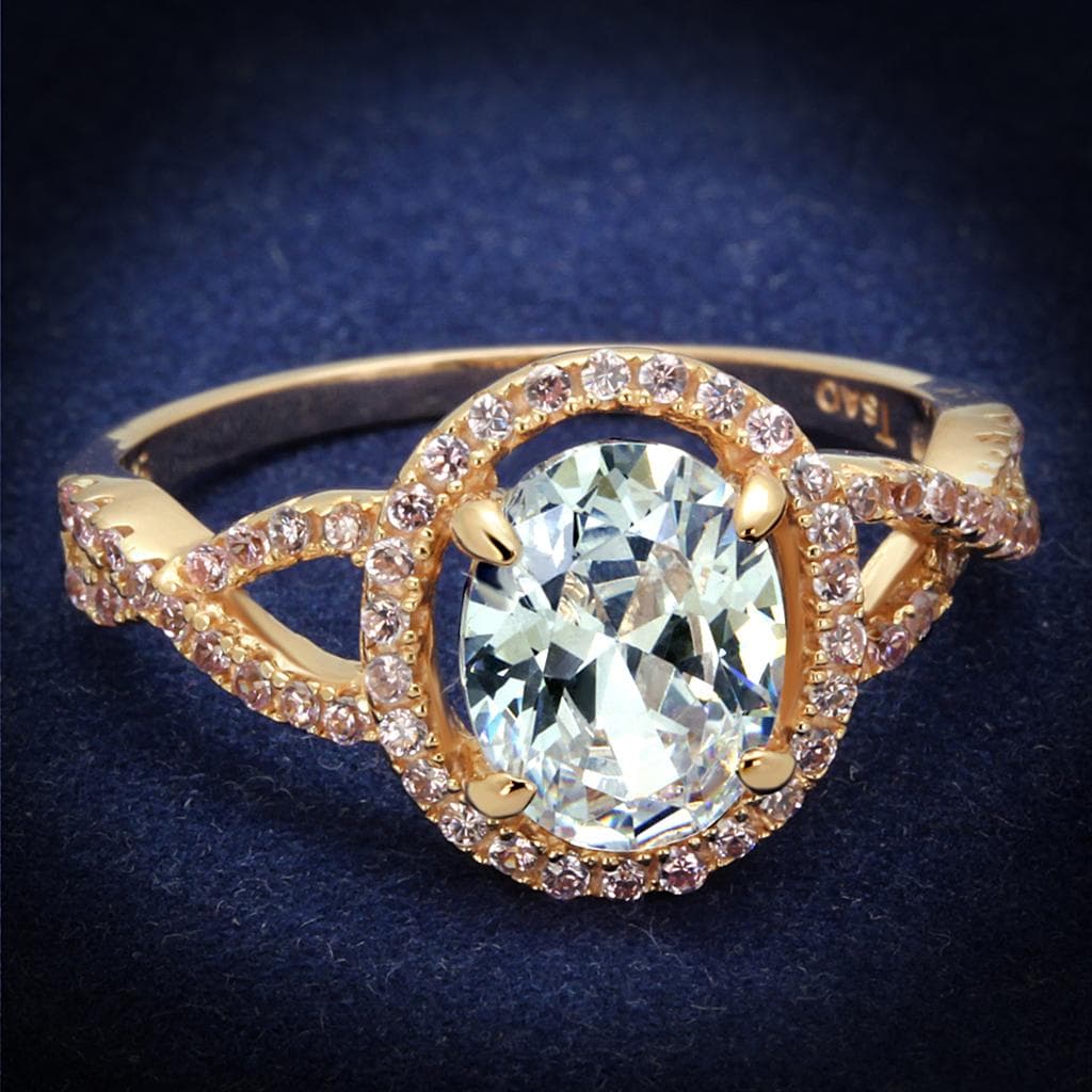 Sterling Silver Rose Gold CZ Oval Halo Pave Ring