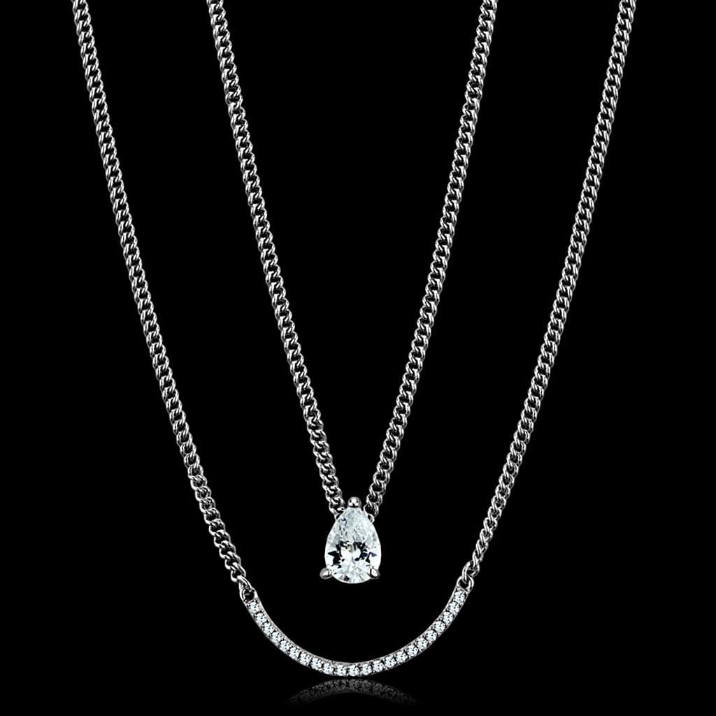 Sterling Silver CZ Pear Solitaire Double Chain Layered Necklace