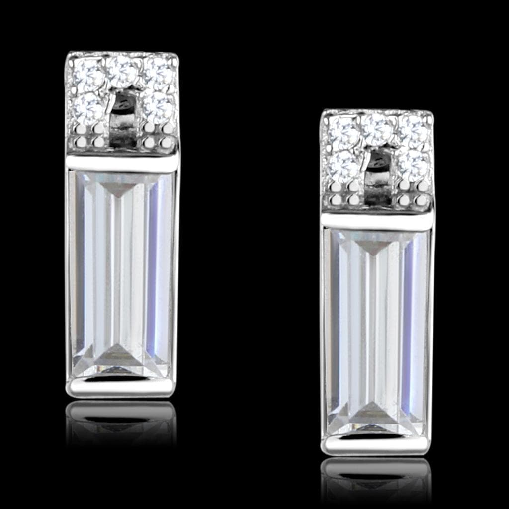 Sterling Silver CZ Baguette Bar Rectangle Stud Earrings