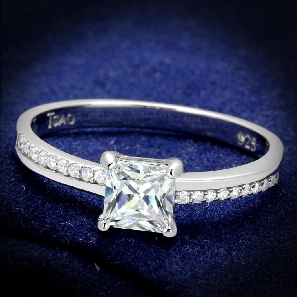 Sterling Silver CZ Princess Solitaire Pave Thin Ring