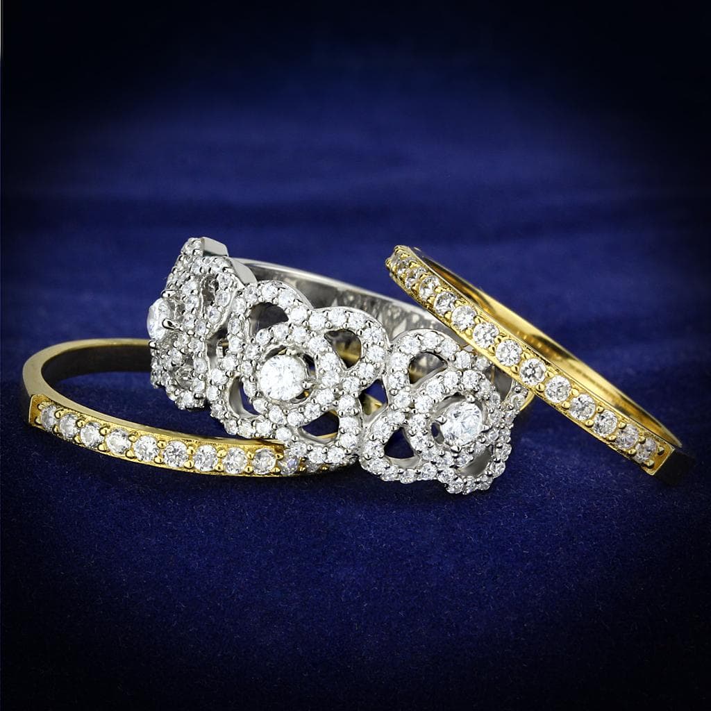 Sterling Silver Gold Two Tone CZ Round Cluster Halo Pave Ring