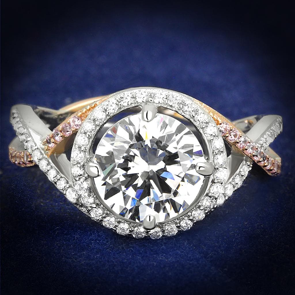 Sterling Silver Rose Gold Two Tone CZ Round Halo Twisted Ring