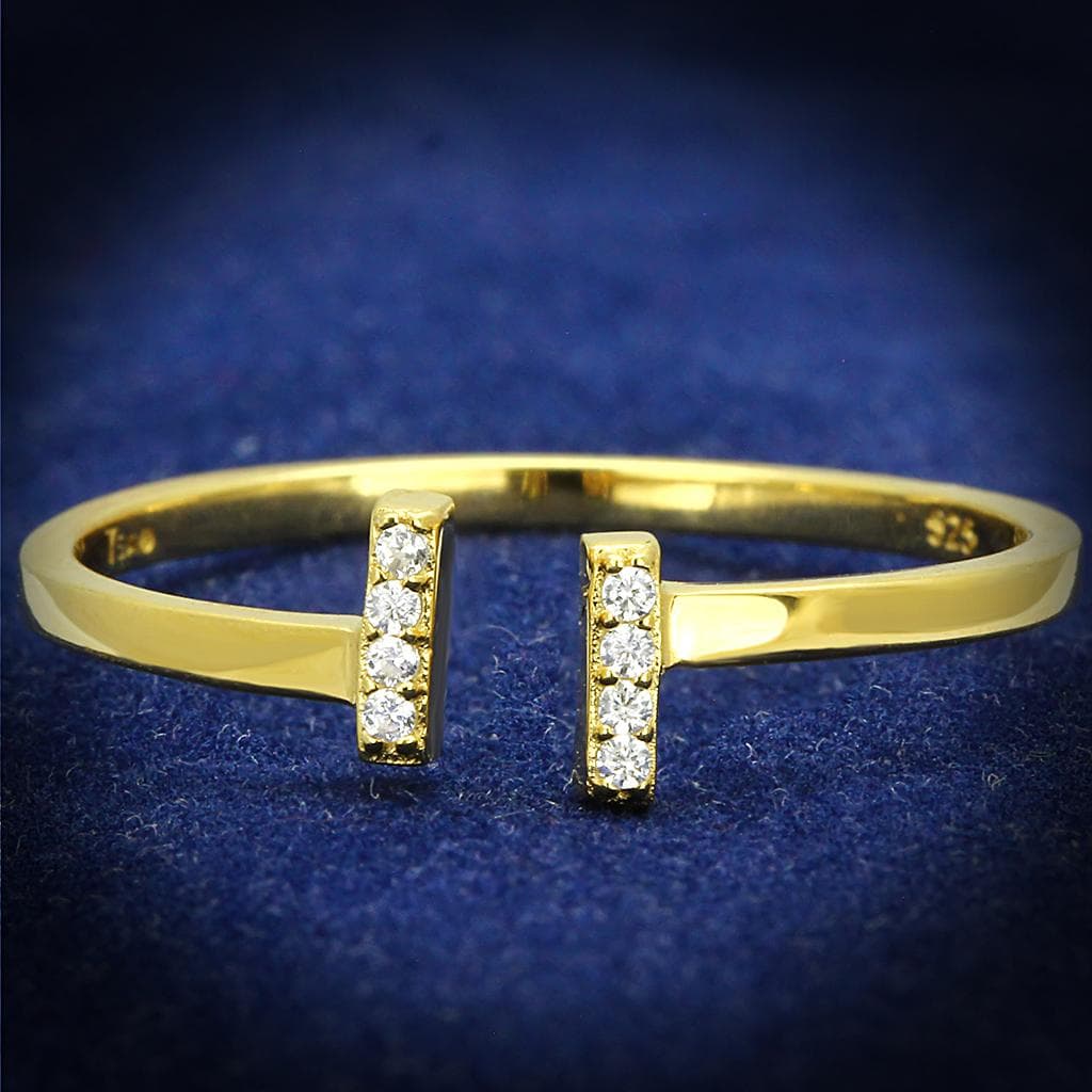 Sterling Silver Gold CZ Pave Double T Bar Open Ring