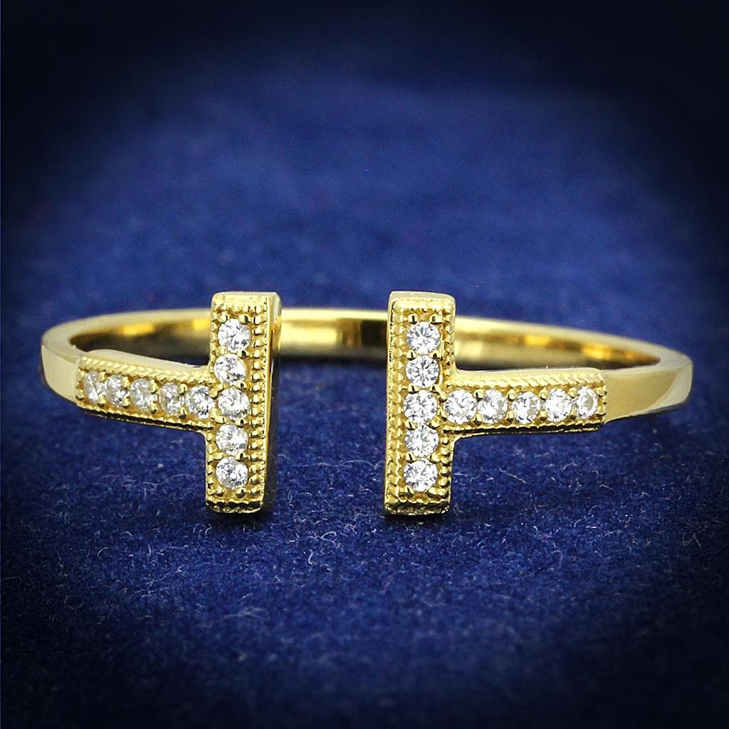 Sterling Silver Gold CZ Pave Double Cross T Bar Open Ring