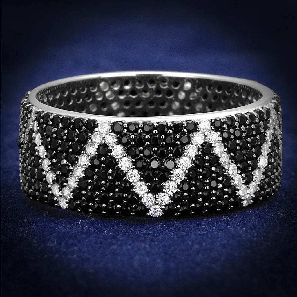 Sterling Silver Black White CZ Zigzag Chevron Wide Band Ring