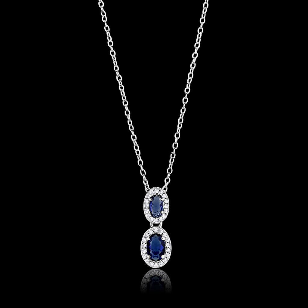 Sterling Silver Blue Sapphire CZ Triple Oval Halo Drop Pendant