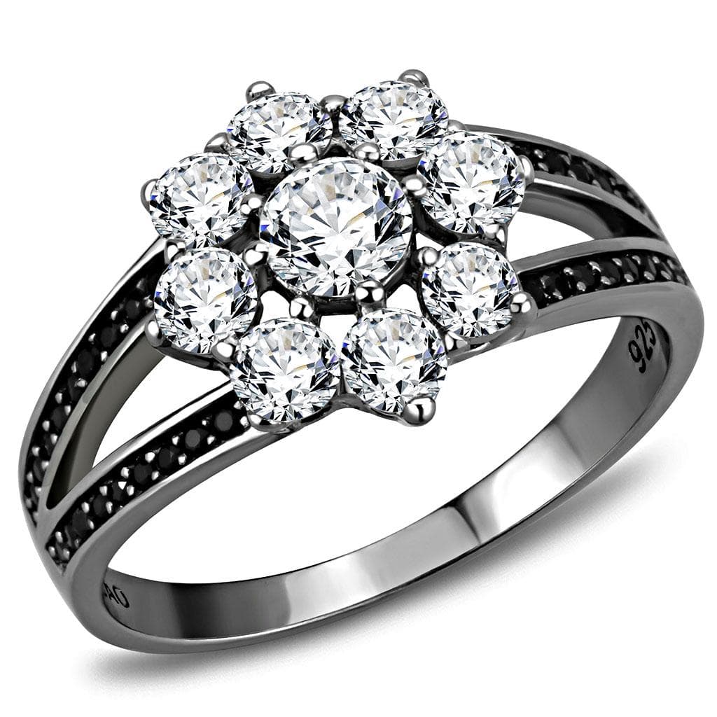 Sterling Silver Black Rhodium CZ Round Flower Cluster Halo Ring