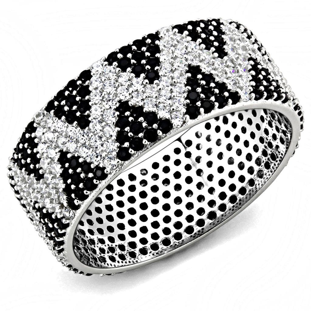 Sterling Silver Black White CZ Geometric Triangle Wide Band Ring
