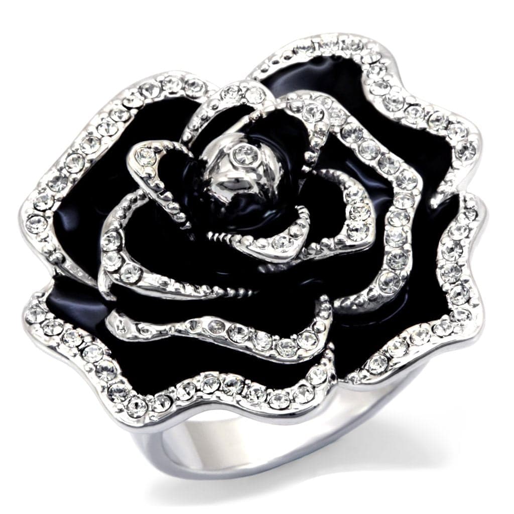 Brass Black Enamel CZ Rose Ring | The Stainless Jewelry