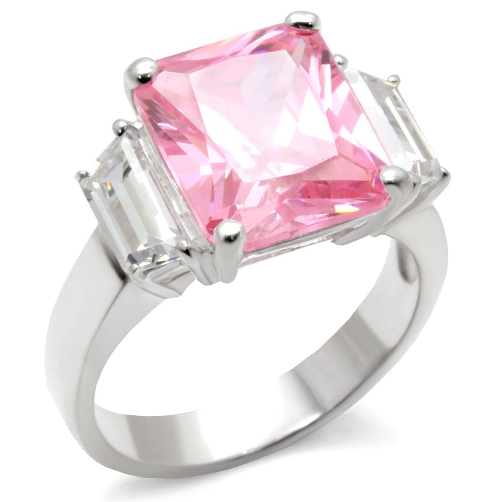 Sterling Silver Pink CZ Emerald Cut Baguette Ring