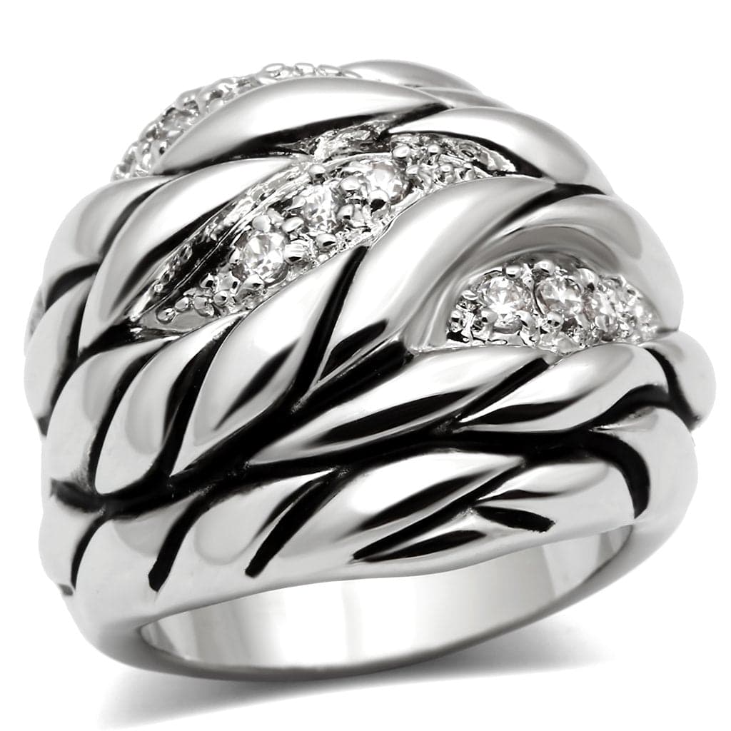 Brass CZ Pave Oxidized Leaf Feather Dome Ring