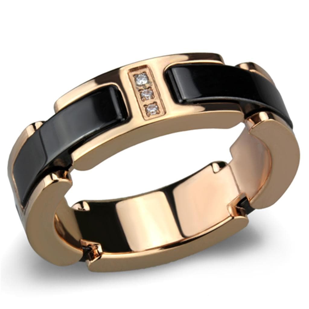 Stainless Steel Rose Gold Black Ceramic CZ Link Ring