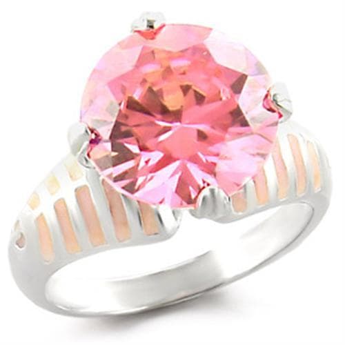 Sterling Silver Pink CZ Round Rose Gold Ribbed Solitaire Ring