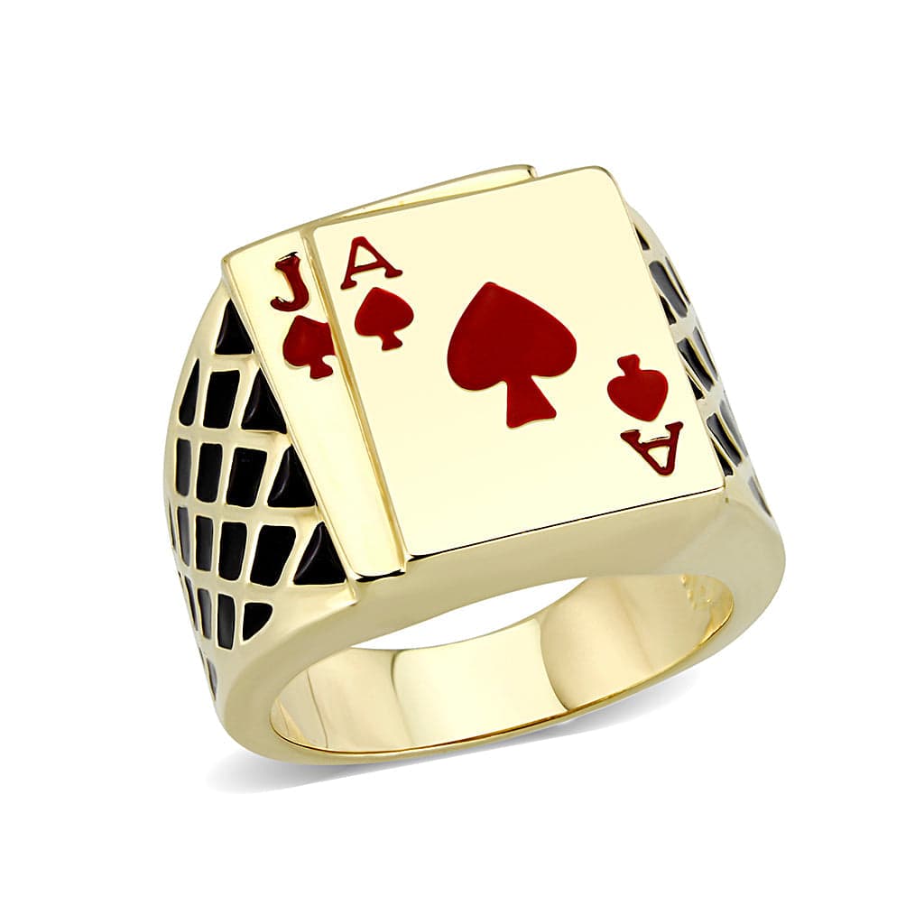 Brass Gold Red Enamel Ace Card Signet Ring