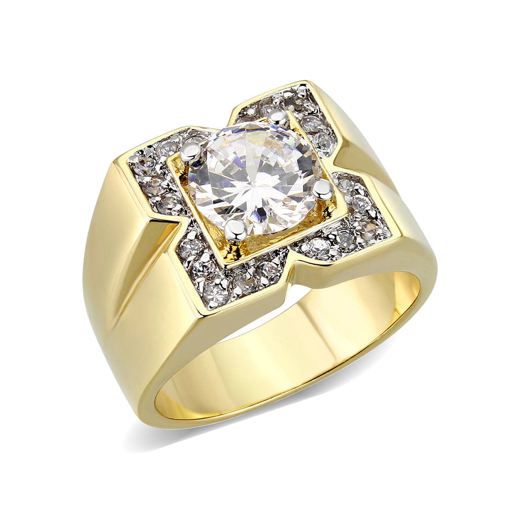 Brass Two Tone Gold CZ Square Halo Army Signet Ring