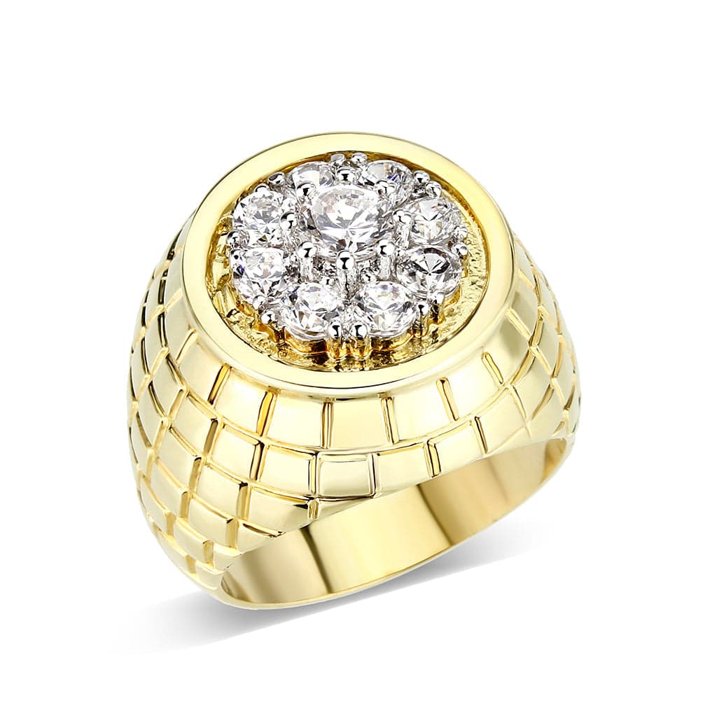 Brass Gold CZ Cluster Brick Pattern Signet Ring
