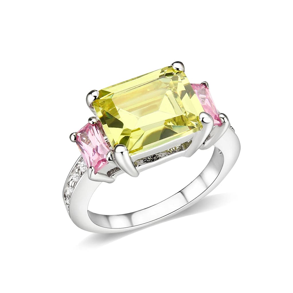 Brass Silver Yellow CZ Emerald Cut Pink Accent Cocktail Ring