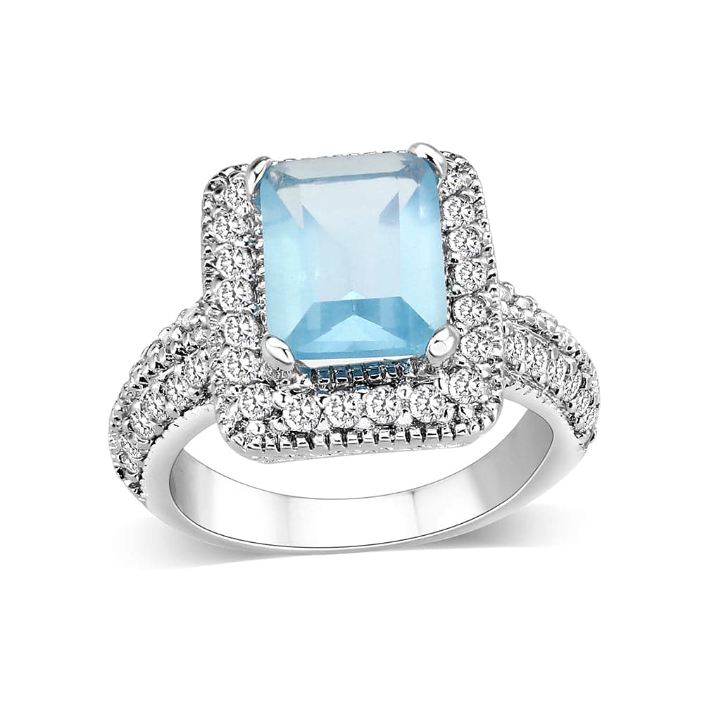 Brass Silver Aquamarine Blue Emerald Cut CZ Halo Ring