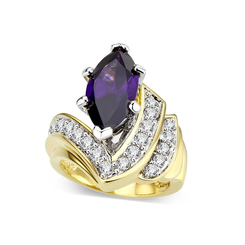 Brass Gold Two Tone Amethyst CZ V Shape Bypass Ring