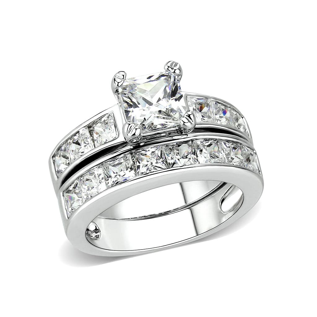 Brass Silver CZ Princess Solitaire Channel Bridal Ring Set Ring
