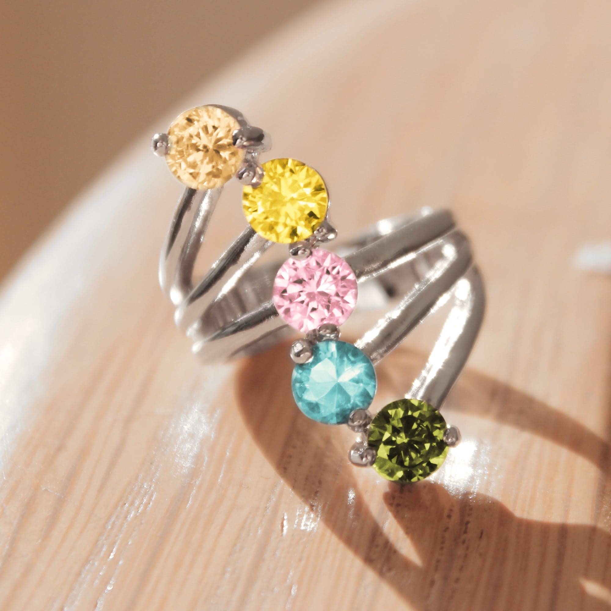 Stainless Steel Multi Color CZ Round Five Stone Waterfall Ring