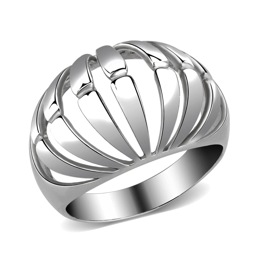 Stainless Steel Silver Polished Ribbed Cage Dome Wide Band Ring
