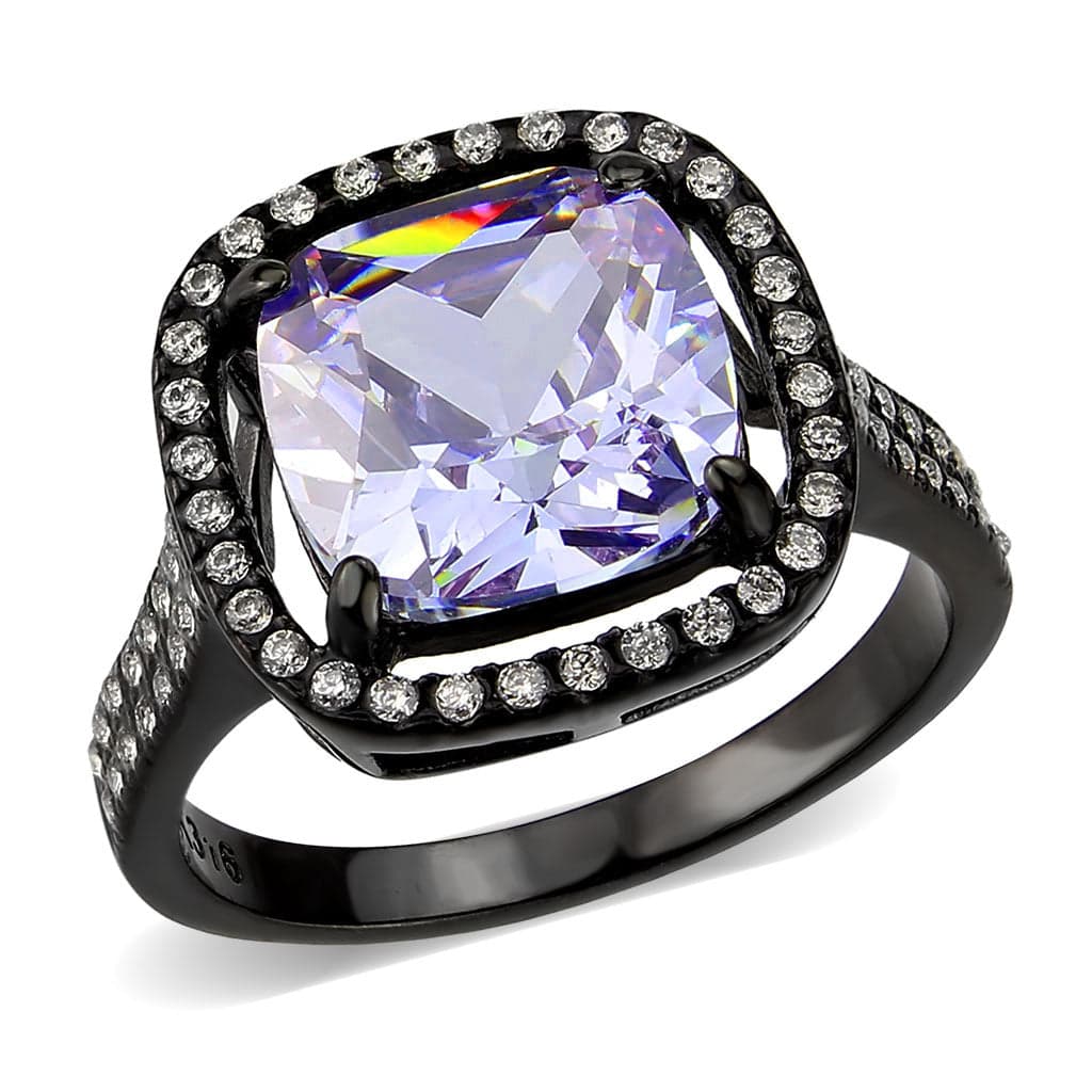 Stainless Steel Dark IP Lavender CZ Cushion Halo Solitaire Ring