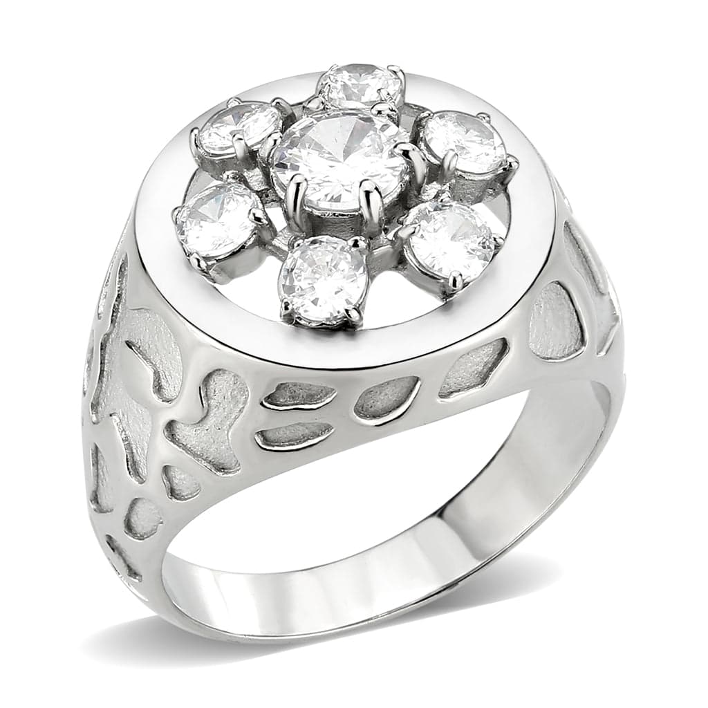 Stainless Steel Silver CZ Round Flower Cluster Filigree Mens Ring