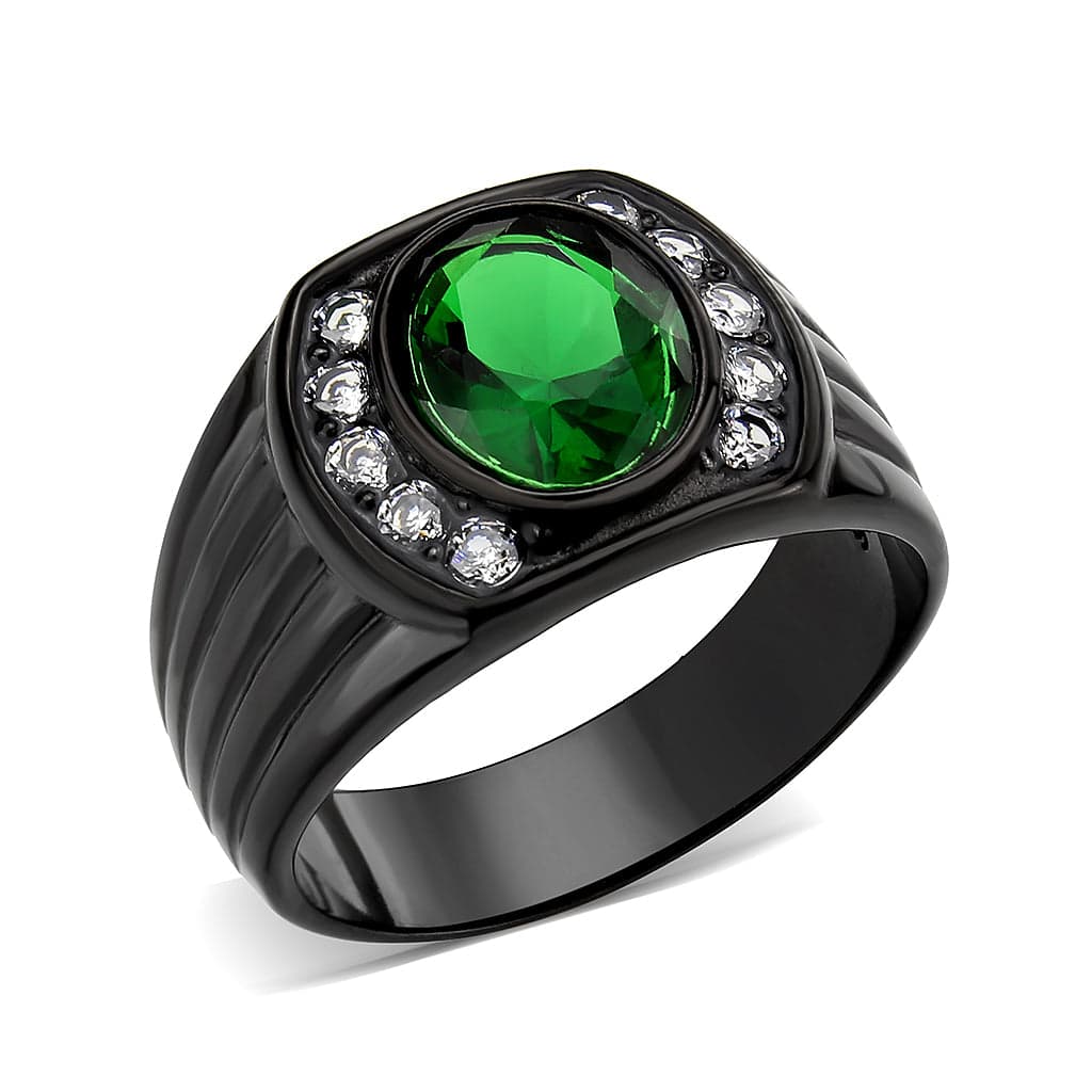 Stainless Steel Dark IP Emerald Green CZ Oval Halo Ribbed Ring