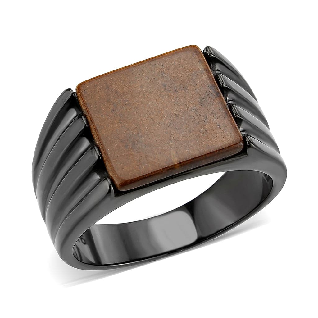 Stainless Steel Dark IP Tiger Eye Square Ribbed Mens Signet Ring