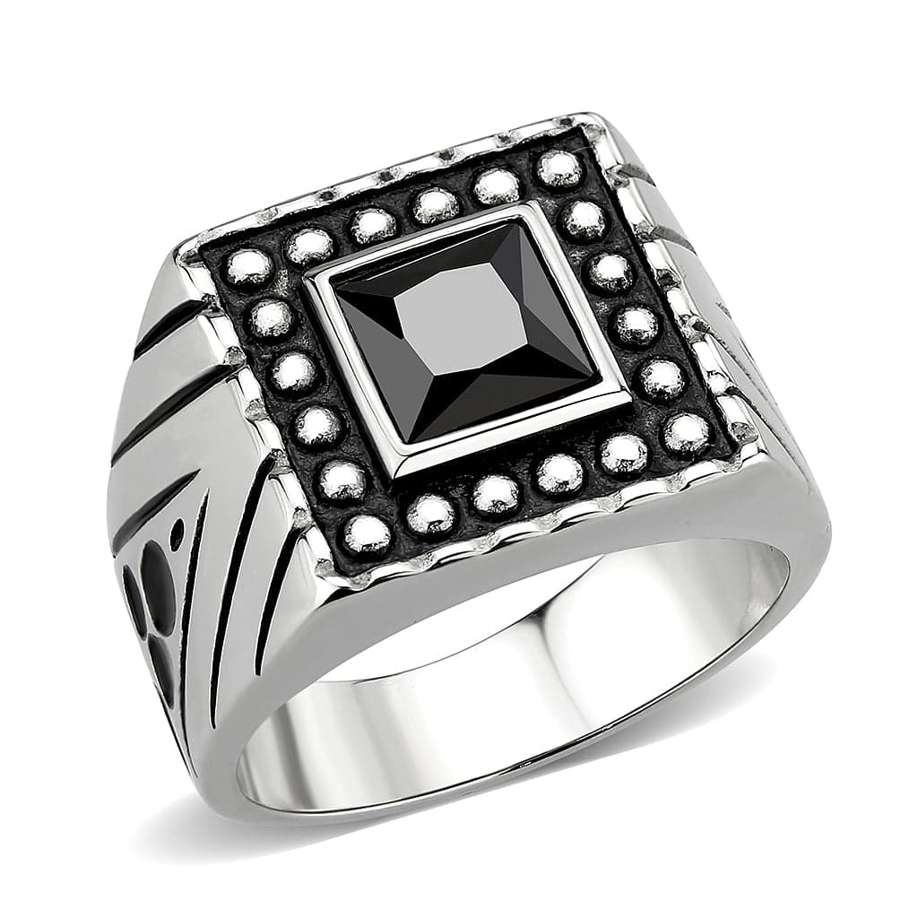 Stainless Steel Silver Black Stone Square Beaded Halo Mens Ring